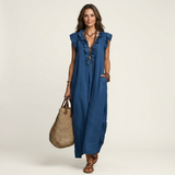 Anita – Langes Kleid mit V-Ausschnitt und Rüschen